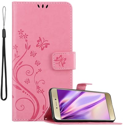 Cadorabo Hoesje geschikt voor Huawei P8 LITE 2017 / P9 LITE 2017 in BLOEMEN ROZE - Beschermhoes in bloemmotief met magnetische sluiting, standfunctie en kaartsleuven Book Case Cover Etui