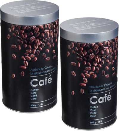 5Five Koffie bewaarblik - 2x - metaal - zwart/sfeer print - 11 x 19 cm - 500 gram - koffiebonen paths of cups
