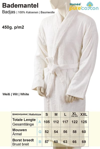 Homéé Hotel Badjas Unisex badstof 100% katoen 400g. p/m2 - Wit - One size XL