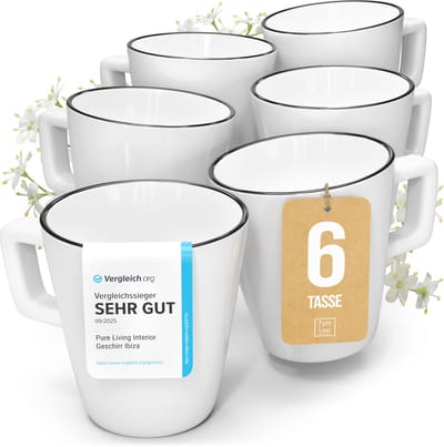 Pure Living Scandi Koffiemokken Set - 6 Stuks - Wit - Porselein - Vaatwasserbestendig - 365 ml