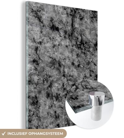 Glasschilderij zwart wit - Graniet - Steen - Zwart - Wit - 120x160 cm - Schilderij glas - Woonkamer decoratie