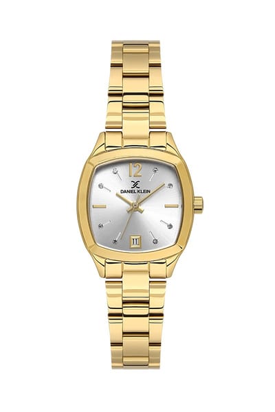 Daniel Klein DK.1.13912-4 - Horloge - Polshorloge - Analoog - Dames - Vrouwen- Vierkant - Stalen band - Metaal - Datumaanduiding - Strepen - Cijfers -Bolletjes - Goudkleurig - Briljant - Wit - Zwart