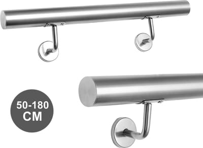 Trapleuning Roestvrij staal leuning zilver 150 cm Ø 42 mm V2A Roestvrij Staal reling wandleuning, voor wandtrap, voor binnen en buiten, inclusief wandhouder en eindkappen