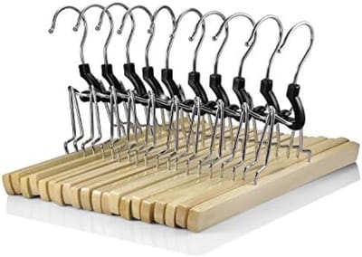 PromoHome 10 stuks houten broekhangers met viltbekleding - Kreukvrije broek- en rokopslag - Set van 10 natuurlijke houten broekspanners - 25 cm lengte