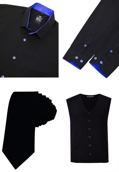 Driedelig pak met overhemd, vest en stropdas