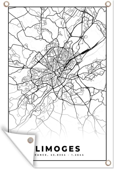 Muurdecoratie Kaart - Stadskaart - Limoges - Frankrijk - Plattegrond - Zwart wit - 120x180 cm - Tuinposter - Tuindoek