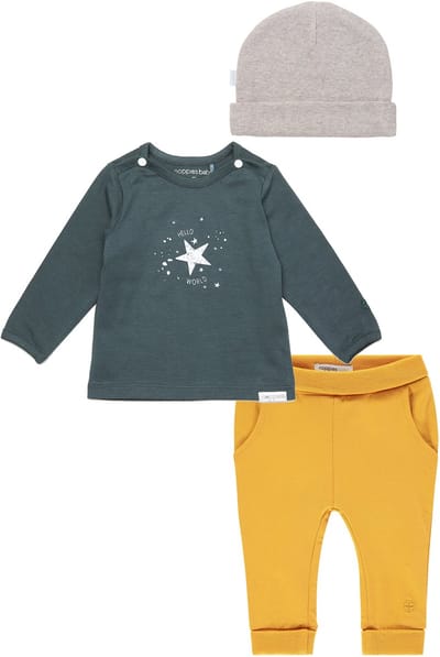 Noppies - kledingset - Broek Humpie oker - Shirt Lux dark slade - muts - Maat 44