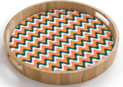 Dienblad rond 40x40 cm - Schootdienblad hout - Retro - Disco - Golven - Kleur - Borrelplank rechthoek - Plateau houten dienbladen