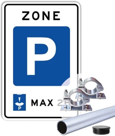 Bord Parkeerschijf Zone 2 uur - Weerbestendig Aluminium - 30x45 cm - Bevestiging: Met paal 150 cm + paalbeugels + paaldop