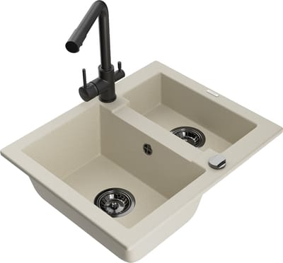 Mexen Carlos granieten spoelbak 1,5-bak met Duero keukenmengkraan, beige - 6518-69-671600-70
