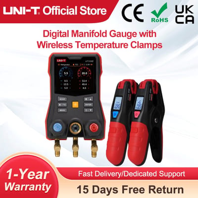 UNI-T UT336E KIT Digitale Manifoldmeter met 2 draadloze temperatuurklemmen UT320I voor auto airco onderhoud drukmeter