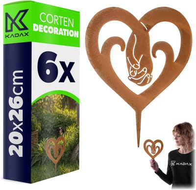 KADAX tuinplug hart van cortenstaal, 20 x 26 cm, 6 stuks, roestdecoratie voor buiten, roestvrijstalen tuindecoratie om in te pluggen, vintage tuindecoratie, metalen roestplug