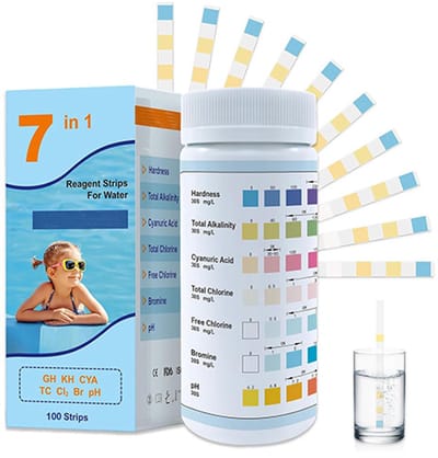Water Teststrips voor Drinkwater – 7-in-1 Teststrips voor waterkwaliteit – Test op hardheid, totale alkaliteit, cyanuurzuur, totaal chloor, vrij chloor, broom en pH – pH-teststrips geschikt voor zwembaden, spa's en bubbelbaden – 100 strips - Wit