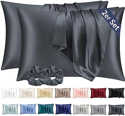 PromoHome Satijnen Kussensloop Set van 2 - 50x70 cm - Grijs. - Zijdezacht Microvezel - Envelopsluiting - Geschikt voor Gevoelige Huid - Inclusief 2 Satijnen Haarelastieken