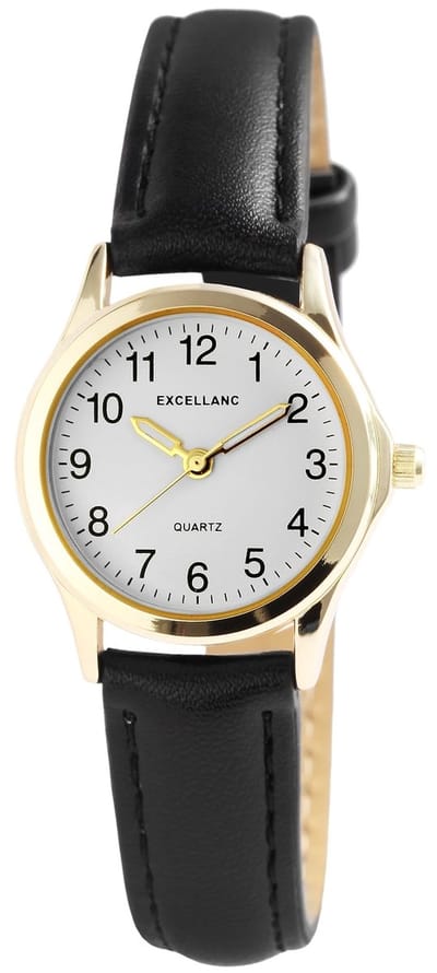 Excellanc-dameshorloge-model 1900264-001-goudkleurig-duidelijke wijzerplaat -diameter 25 mm-zwarte band-3 atm waterdicht