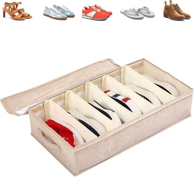 Schoenenrek voor onder het bed, opvouwbare opbergdoos, 60 x 33 x 14 cm, beige, schoenenopslag