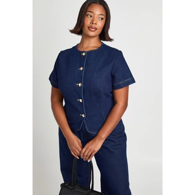 boohoo Dames Plus Gouden Knoop Korte Mouw Denim Top | Indigo | Maat: 44