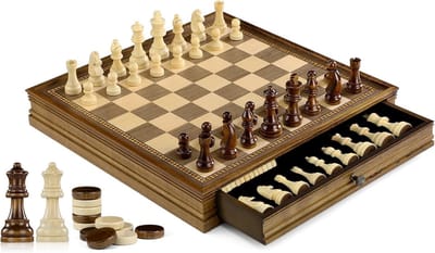 Magnetisch Houten Schaakspel 32.5 x 32.5 cm met 2 Opbergladen - Perfect voor Beginners, Kinderen en Volwassenen, Inclusief Bonus Figuren en Cadeauverpakking