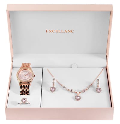 Excellanc dameshorloge geschenkset rosé/goud cadeauset horloge, ring, ketting en oorbellen kerstcadeau
