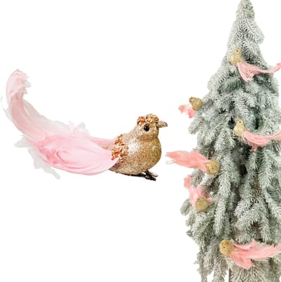 Inspiruj - Ozdoba op Clip - Champagne Vogel - Natuurlijke Roze Veren - Glitters - 17 cm
