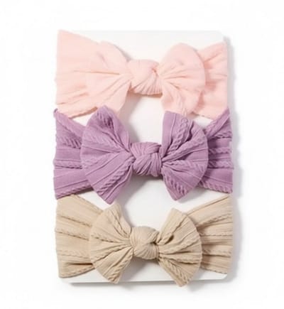 Baby haarband set met strik – 3 stuks – zachte elastische haarbanden in roze, paars en beige – comfortabele baby accessoires voor meisjes