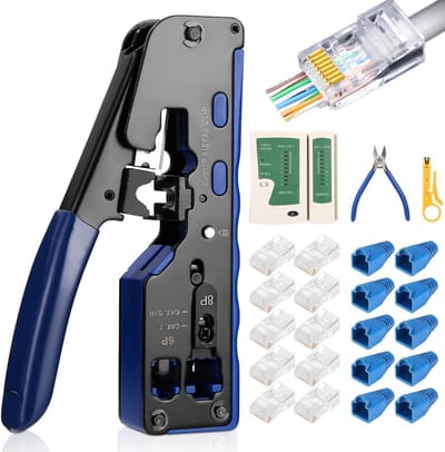 Krimptangset met netwerktester en 50 RJ45-connectoren voor Cat5, Cat6 en Cat7