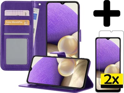 Hoesje - Met 2x Screenprotector - Geschikt voor Samsung Galaxy A32 5G - Luxe Pasjeshouder - Bookcase Portemonee - Flip Case - Kunstleer Book Case - Flipcase Hoes - Book Cover - Walletcase - Portemonneehoes - Telefoonhoesjes - Paars