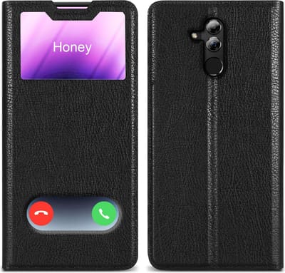 Cadorabo Hoesje geschikt voor Huawei MATE 20 LITE in KOMEET ZWART - Beschermhoes met magnetische sluiting, standfunctie en 2 kijkvensters Book Case Cover Etui