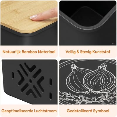 Livatto Aardappel Ui Knoflook Bewaarbak – 3-delige set – Stapelbare Voorraadbak met Bamboe Deksel en Ventilatie – Zwart – 24,2 x 18,2 x 24,2 cm