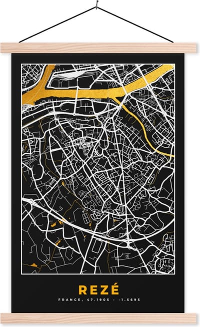 Posterhanger incl. Poster 40x60 cm - Schoolplaat - Rezé– Plattegrond – Frankrijk – Kaart – Stadskaart - Textielposter - Blanke latten - Stadskaart