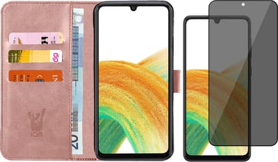 Hoesje geschikt voor Samsung Galaxy A33 - Book Case Kunstleer Wallet Cover Portemonnee Pasjeshouder Hoes Roségoud - Tempered Glass Privacy Screenprotector