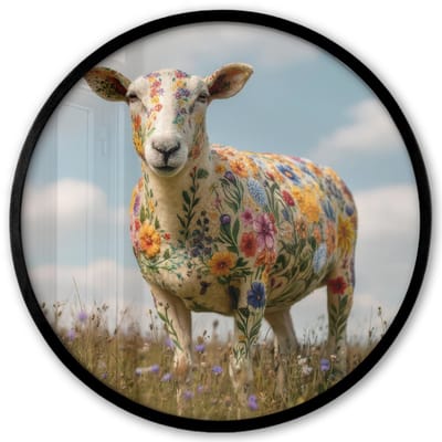 Poster in lijst Rond - Fotolijst 40x40 cm - Posters - Schaap - Bloemen - Weide - Ronde posterlijst zwart - Decoratie - Wanddecoratie woonkamer - Muurdecoratie slaapkamer