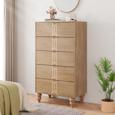 Moderne Houten Ladekast met 5 Lades - Vintage Patroon - Opbergkast voor Slaapkamer en Woonkamer - Eiken & Goud