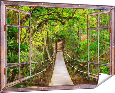 Gards Tuinposter Doorkijk Hangbrug - 150x100 cm - Tuindoek - Tuindecoratie - Wanddecoratie buiten - Tuinschilderij