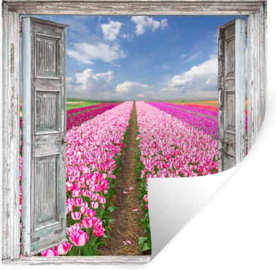 Muurstickers - Sticker Folie - Bloemen - Tulpen - Doorkijk - Regenboog - 100x100 cm - Plakfolie - Muurstickers Kinderkamer - Zelfklevend Behang XXL - Zelfklevend behangpapier - Stickerfolie