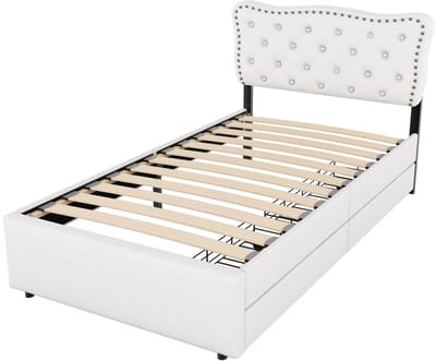 RosaBloom bed - Eenpersoonsbed - Met opbergruimte - Gestoffeerd met 2 lades en hoofdeinde - 90x200cm - Wit