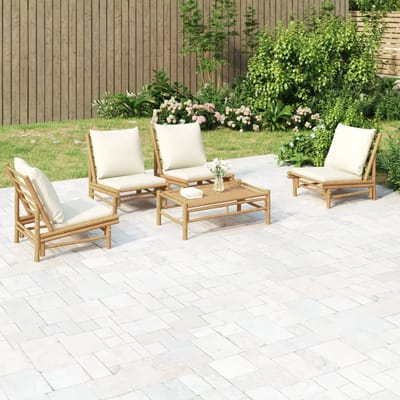 vidaXL - 5-delige - Loungeset - met - kussens - bamboe - crèmewit