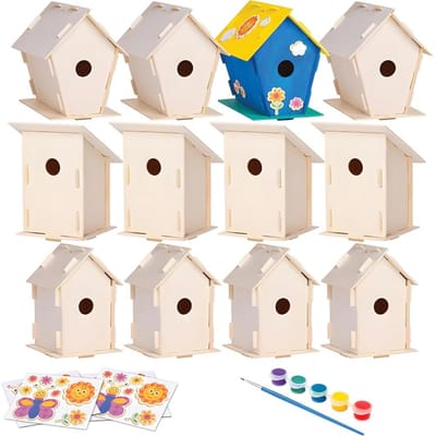 Kits de 12 nichoirs en bois à faire soi-même avec bandes de peinture, pinceaux, autocollants et ficelles, ensemble d'arts créatifs et d'artisanat pour enfants et adultes Pack of 12 white
