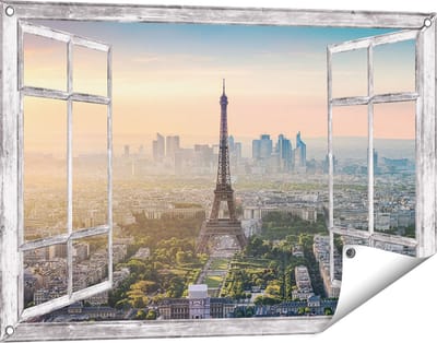 Gards Tuinposter Doorkijk Skyline van Parijs met de Eiffeltoren - 90x60 cm - Tuindoek - Tuindecoratie - Wanddecoratie buiten - Tuinschilderij