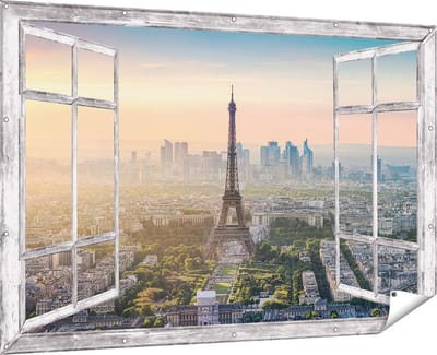 Gards Tuinposter Doorkijk Skyline van Parijs met de Eiffeltoren - 180x120 cm - Tuindoek - Tuindecoratie - Wanddecoratie buiten - Tuinschilderij