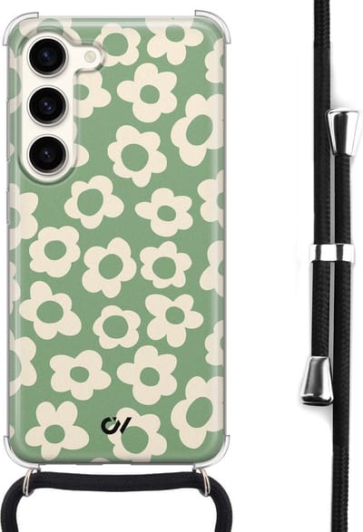 Telefoonhoesje met koord geschikt voor Samsung S23 - Retro Cute Flowers - Inclusief koord - Transparant, Groen - - Crossbody beschermhoes - Met Telefoonketting