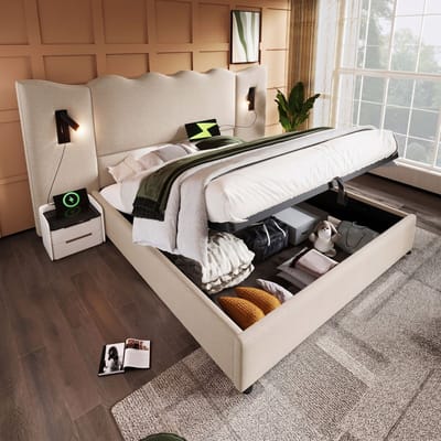 VVBV Gestoffeerd Opbergbed 180x200 cm - USB-C, Hydraulische Opbergruimte, Lattenbodem, Leeslamp, Nachtkastje, Zonder - 123B