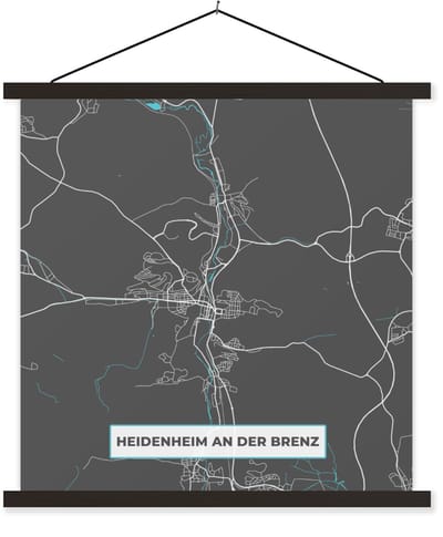 Posterhanger incl. Poster 120x120 cm - Schoolplaat - Kaart – Plattegrond – Stadskaart – Heidenheim an der Brenz – Duitsland – Blauw - Textielposter - Zwarte latten - Stadskaart