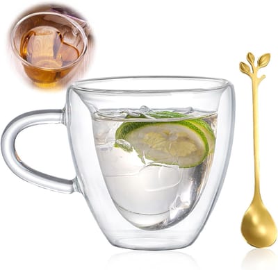 Set van 2 Dubbelwandige Espresso Kopjes van Glas met Handvat en Lepel - 180 ml, Perfect voor Koffie, Thee en Cadeaus voor Vrouwen op Moederdag, Verjaardag of Valentijnsdag