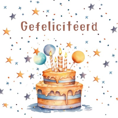 Wenskaart gefeliciteerd taart kaarsjes sterretjes confetti – 13x13 cm – gevouwen kaart – inclusief witte envelop – stevig papier – verjaardagskaart kind