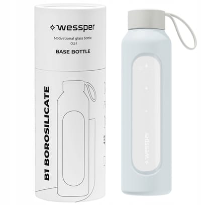 Glazen Motivatiefles 500ml – Duurzame Waterfles in Ice Blue