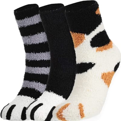 Fluffy Dames Sokken met Kattenpoot Motief, Warme en Comfortabele Sokken voor de Winter, 3 Paar, One Size
