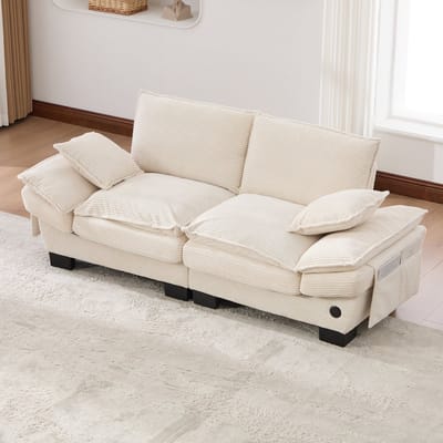 Modulaire corduroy bank voor twee personen met een brede zitting, ergonomisch ontwerp, vulling van schuim met hoge dichtheid, USB-C-poort en zijvakken. Ideaal voor woonkamers, kantoren of lounges. Beige.