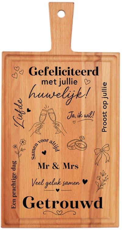 JM Woods Bruiloft Borrelplank - Huwelijk - Trouwen - Cadeau - Kado - Echtpaar - 38 x 20 cm - Beukenhout - Geschenk - Wedding Gift