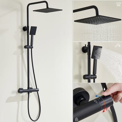 Auralum MAX - Regendouche met Thermostaatkraan - Regendouche Ø 25.4 cm en Handdouche Ø 8.5 cm - 10 inch Douchekop - Vierkant Design - Zwart
